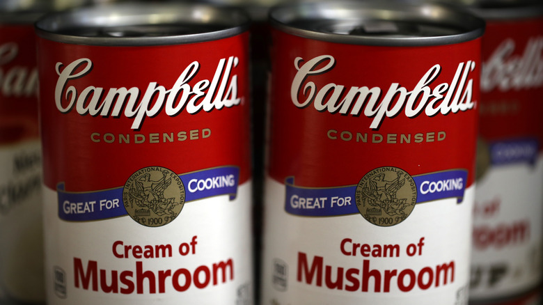 Two cans of Campbell's cream of mushroom