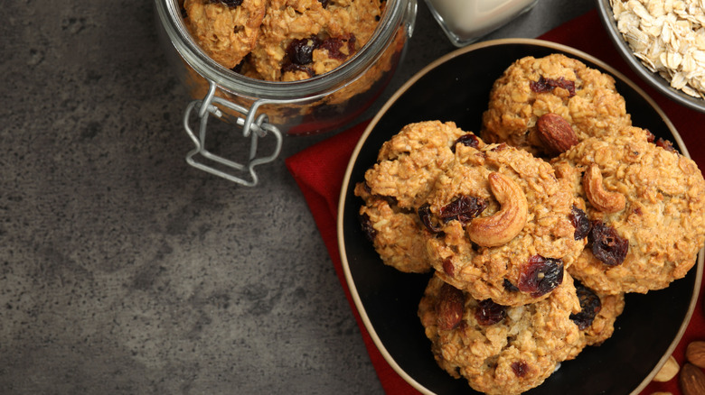 Oatmeal cookies with dried fruits and nuts added to them.