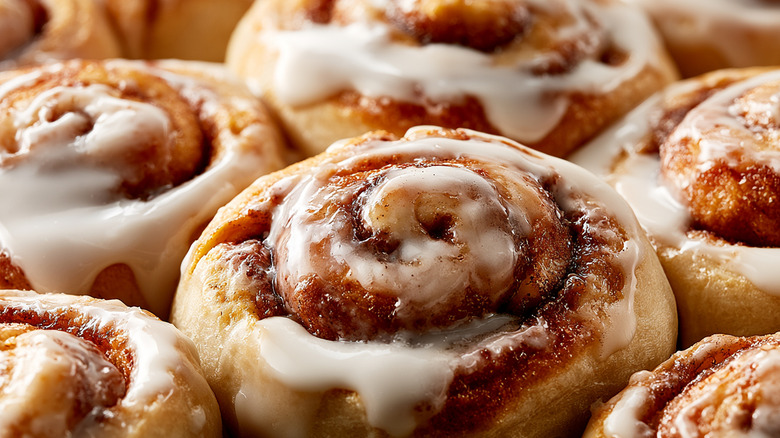 Close-up of iced cinnamon rolls
