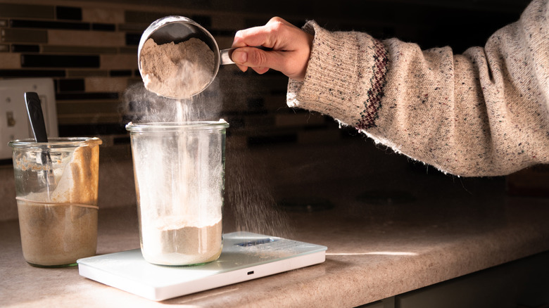 A person measuring out flour to feed a sourdough starter