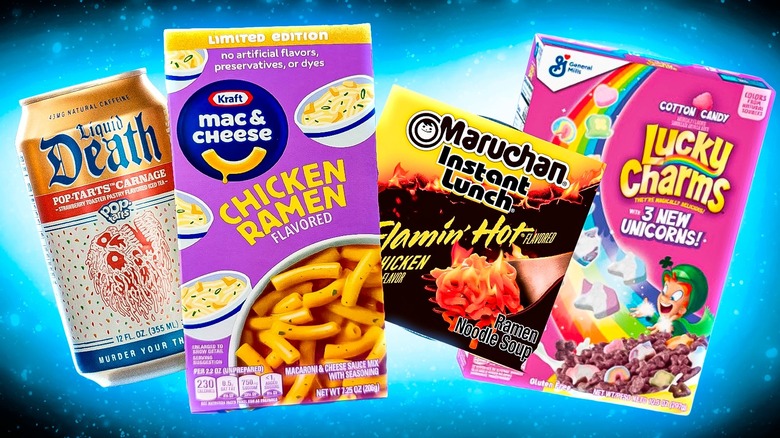 Pop-Tarts Liquid Death, Kraft Ramen Mac & Cheese, Flamin' Hot Maruchan Ramen, Cotton Candy Lucky Charms