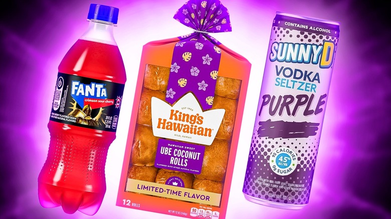 Sour cherry Fanta, ube Hawaiian rolls, and purple SunnyD on purple background