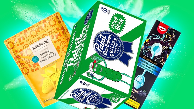 Corn gummy candy, pickle beer, and audio lollipop