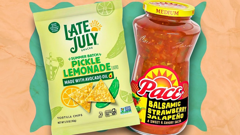 Late July pickle lemonade tortilla chips and Pace balsamic strawberry jalapeno salsa