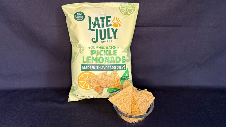 Late July pickle lemonade chips bag with bowl of chips