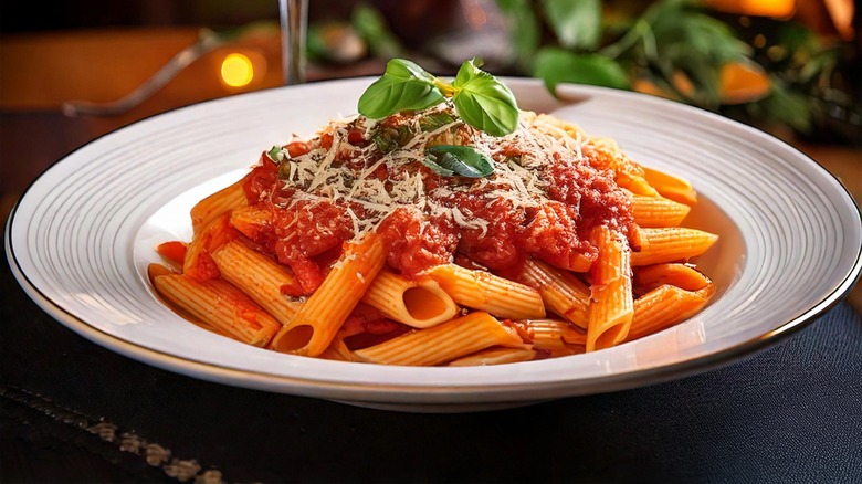 A plate of penne pasta, covered in sauce and cheese, on a plate.