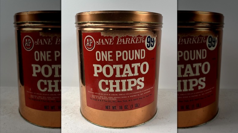 old-fashioned Jane Parker tin of one pound of potato chips for ninety nine cents