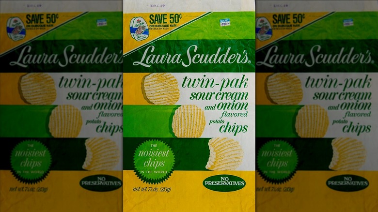 a vintage bag of Laura Scudder's sour cream and onion potato chips with logo "the noisiest chips in the world"
