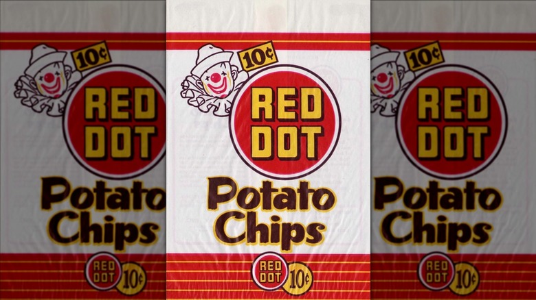 a vintage bag of Red Dot potato chips with image of clown and ten cents label