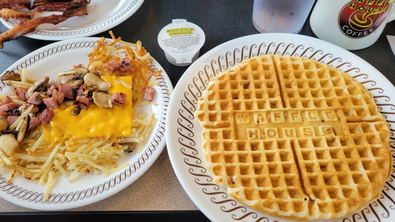 A breakfast order from Waffle House, including waffles and hash browns.
