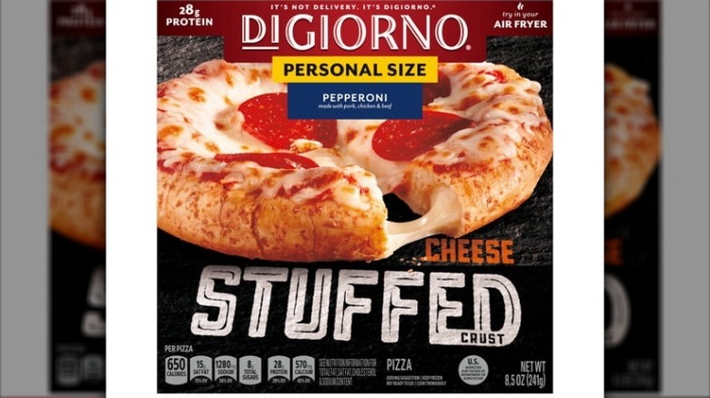 A box of DiGiorno Personal Size Pepperoni Stuffed Crust Pizza on a white background.