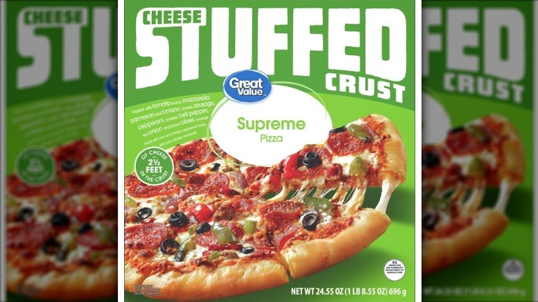 A box of Great Value Stuffed Crust Supreme Pizza on a white background.