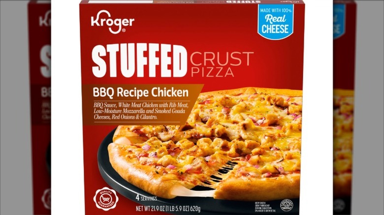Kroger BBQ Chicken Cheese Stuffed Crust Pizza on a white background.