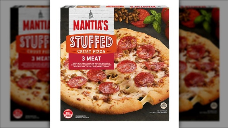 Mantia's Stuffed Crust 3 Meat Pizza on a white background.