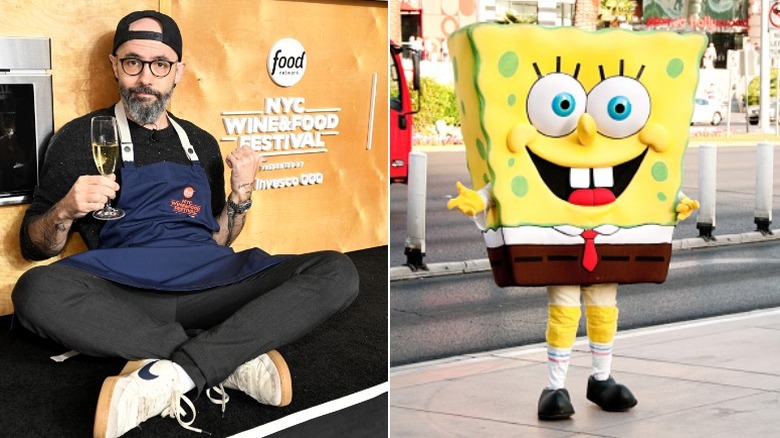 Andrew Rea holds champagne, and another photo shows a person in a SpongeBob Squarepants costume
