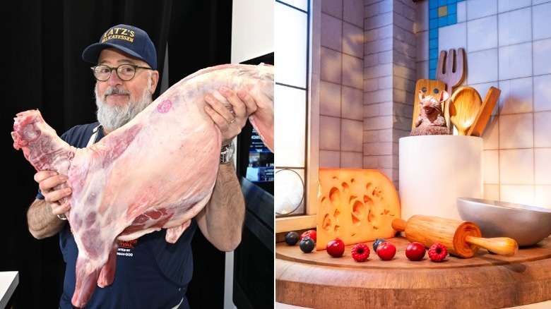 Andrew Zimmern holds a slab of meat, next to an image of a Ratatouille display