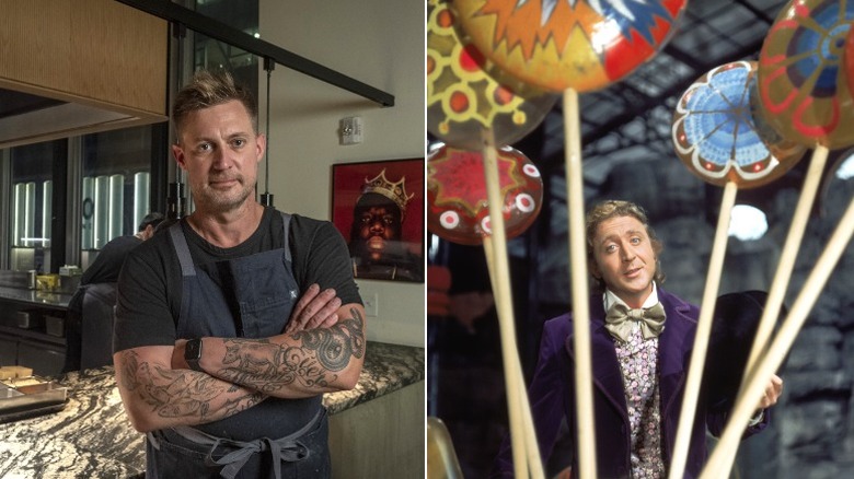 Bryan Voltaggio in a kitchen, next to Gene Wilder on the set of Willy Wonka