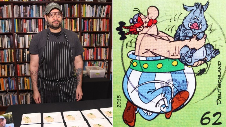 Ham El-Waylly stands behind a table, and Obelix holds a boar in his hand