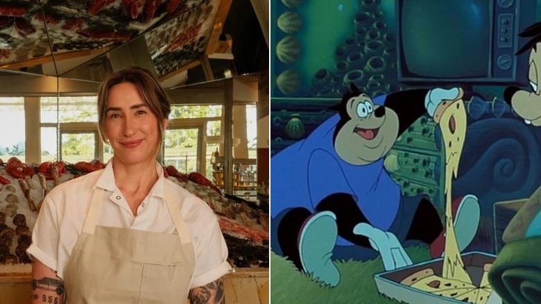 A photo of Jackie Carnesi next to a screenshot of A Goofy Movie showing cheesy pizza