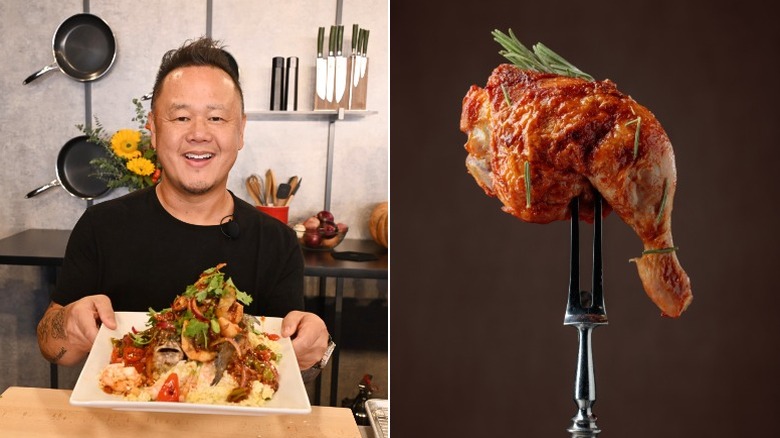 Jet Tila holds up a tray of food, next to an image of a cooked chicken leg