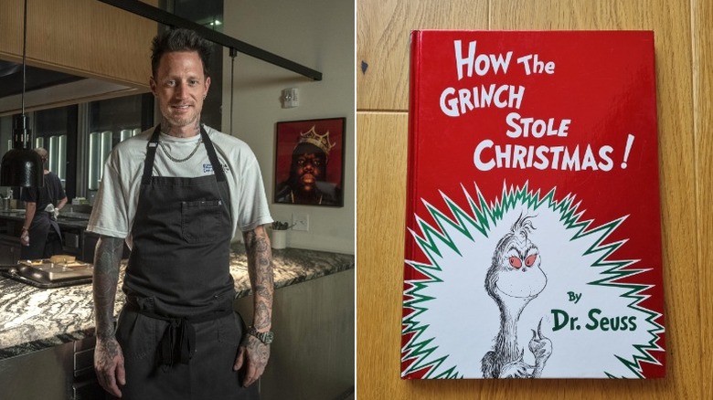 Michael Voltaggio in a kitchen, and a photo of Dr. Seuss' How The Grinch Stole Christmas
