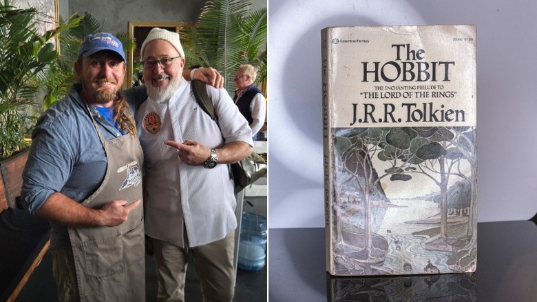 Tom Gardner and Andrew Zimmern point at each other, next to a photo of The Hobbit book
