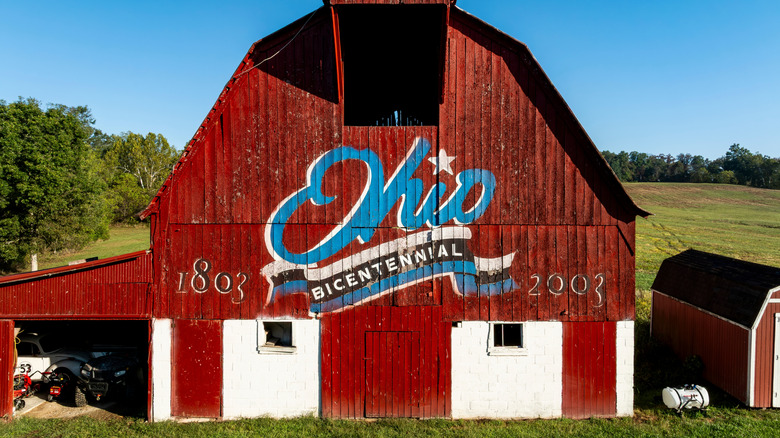 large barn with 'ohio' painted on side