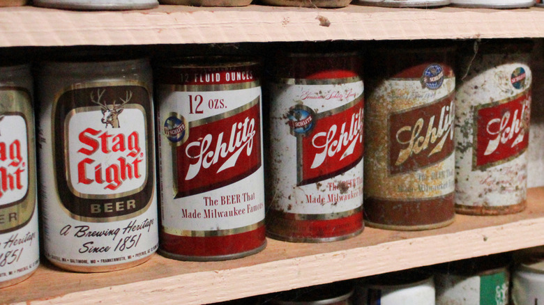 Old-fashioned Stag Light and Schlitz beer on a shelf