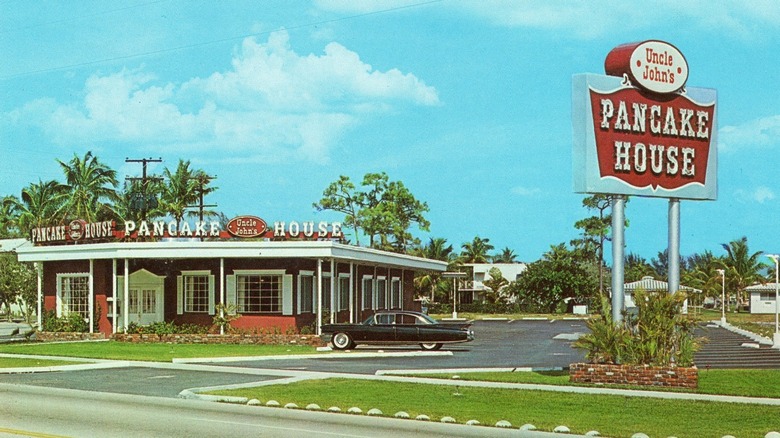 Old-school Uncle John's Pancake House External on a blue day