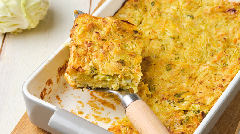Cabbage casserole in a white dish