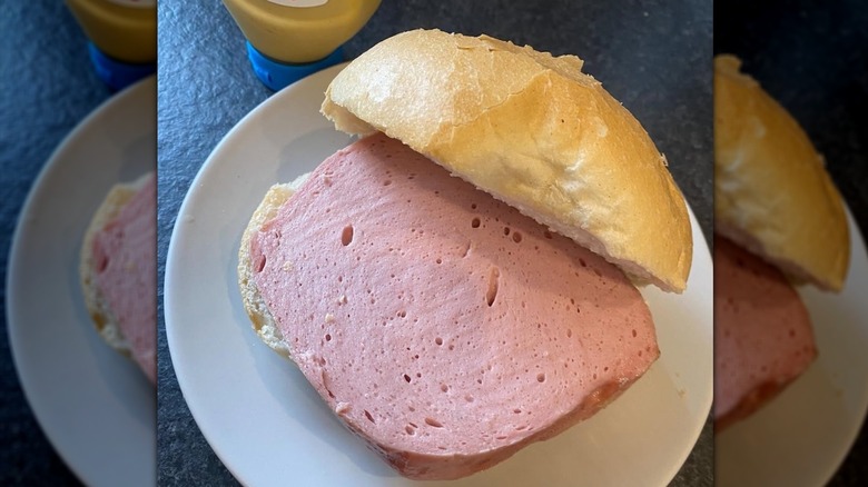 luxury loaf or leberkase sliced on a sandwich
