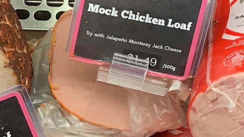 mock chicken loaf at deli counter