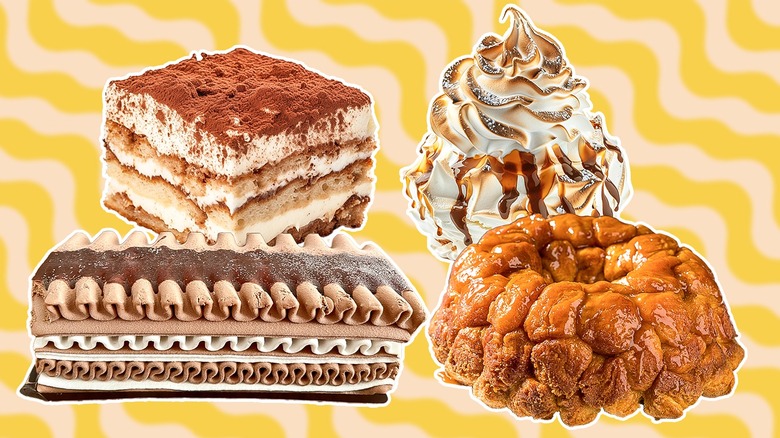 Four classic 1980s desserts on yellow pattern background