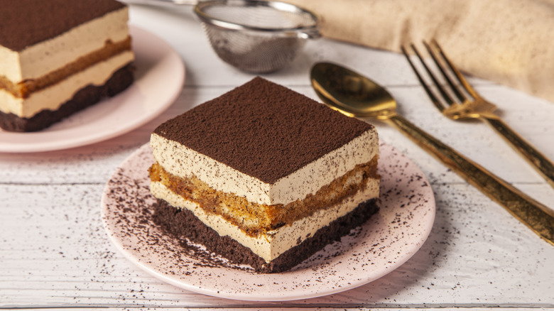 Tiramisu on a white plate