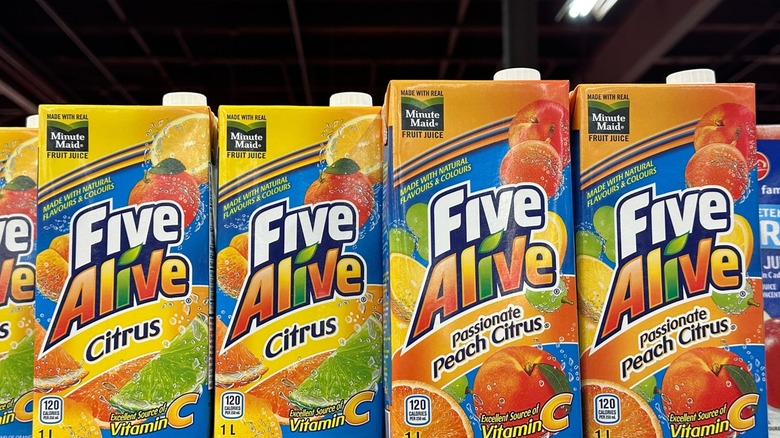 Cartons of Five Alive on a grocery store shelf