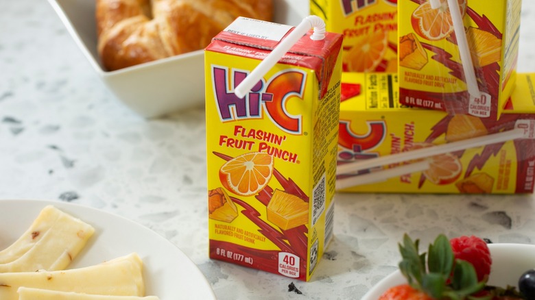 Cartons of Hi-C juice drinks on a breakfast table