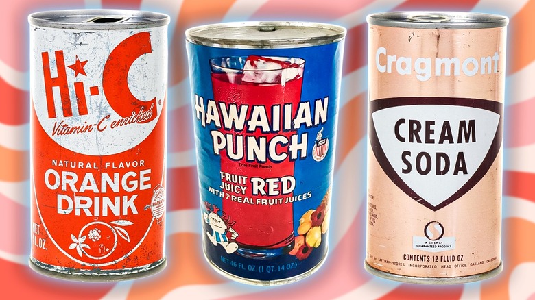 Composite image of cans of Hi-C, Hawaiian Punch, and Cragmont Cream Soda on a colorful background