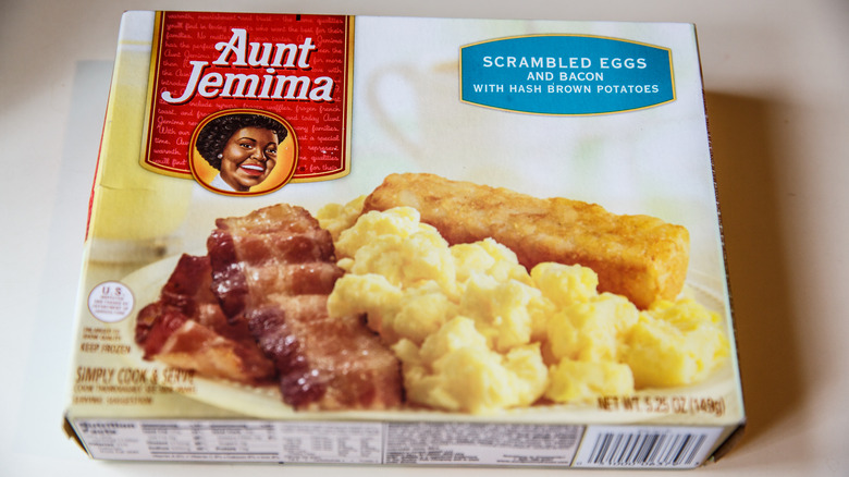 Aunt Jemima brand frozen breakfast plate of scrambled eggs and bacon with hash brown potatoes