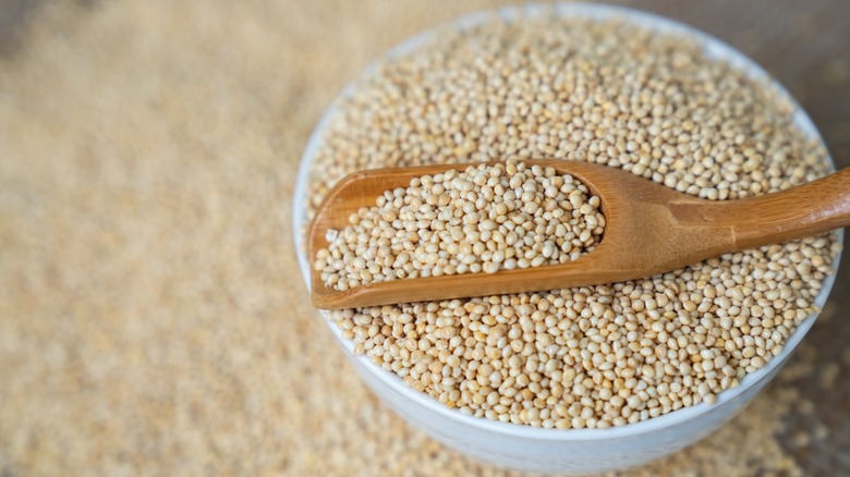 Millet in spoon above bowl, top view, millet