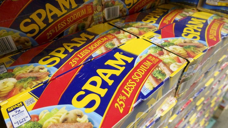 multi-pack of SPAM on grocery shelves