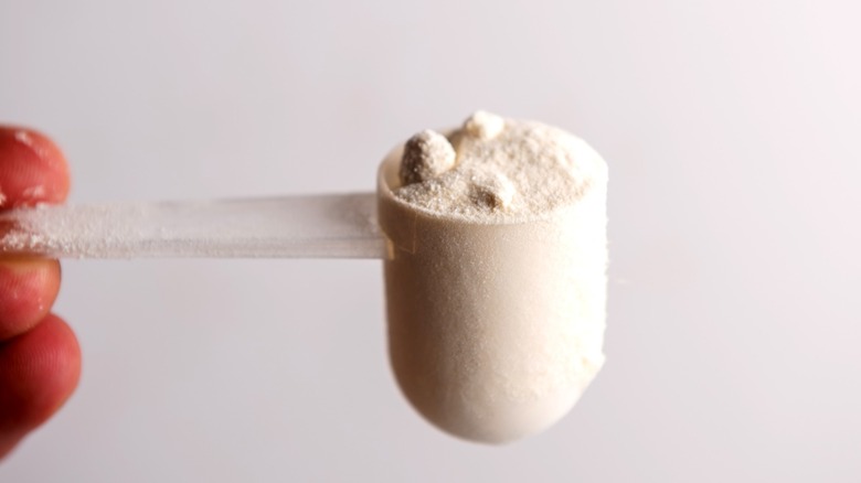 Fingertip holding a scoop of powdered milk