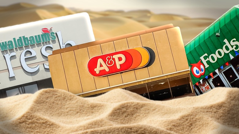 Composite image of three closed grocery store storefronts sinking in sand dunes