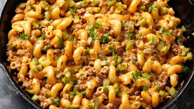 Pasta and ground beef in a skillet