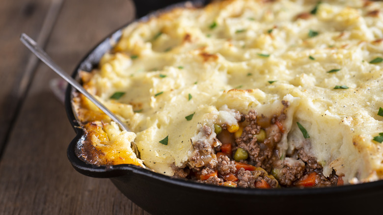 Shepherd's pie in a cast iron skillet