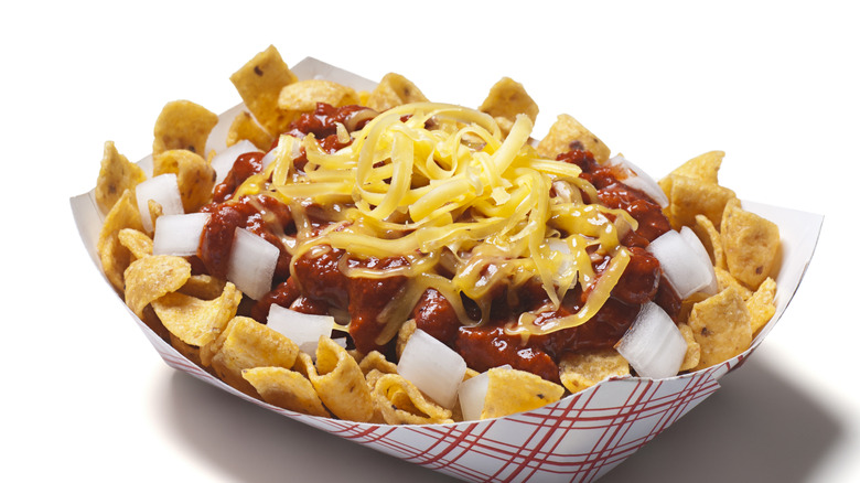 Frito pie in a paper dish