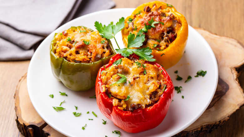 Colorful stuffed peppers on a white plate