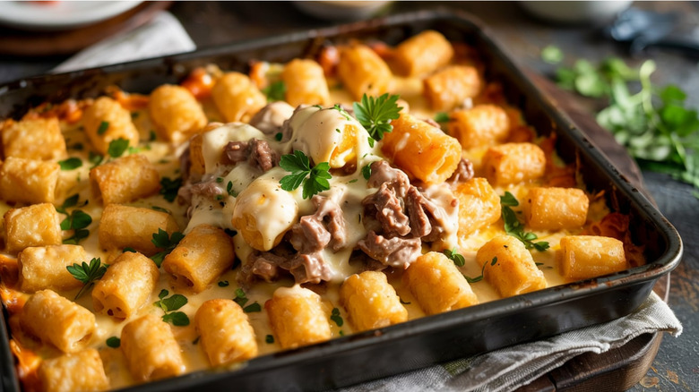 Tater tot casserole in a baking pan