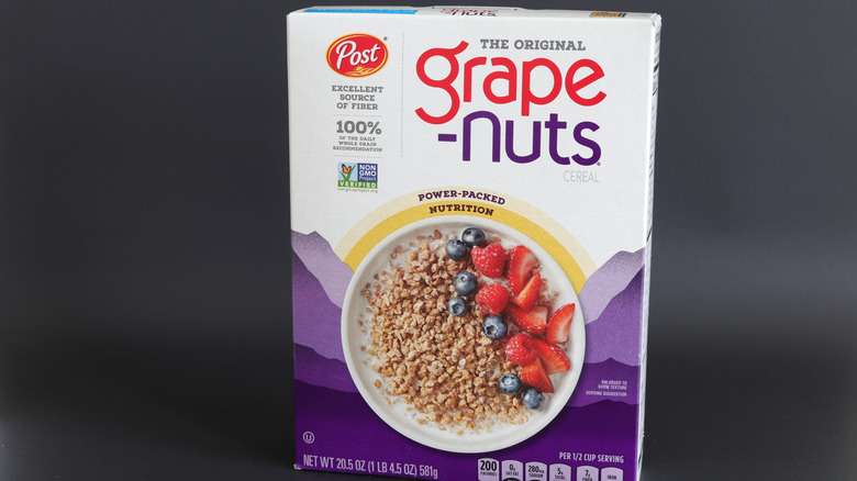 Box of Grape-Nuts cereal on a dark background