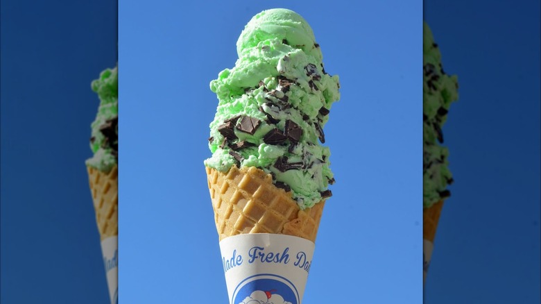 Scoops of mint chocolate chip ice cream from Handel's in a cone