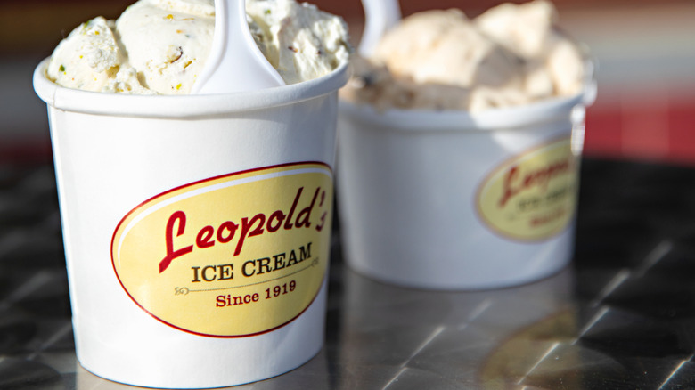 Leopold's scoops of ice cream in white branded cups